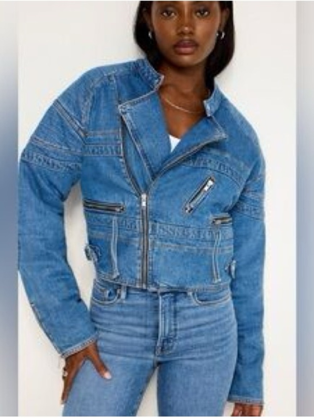 Good American Navy Quilted Jacket with Denim Trim